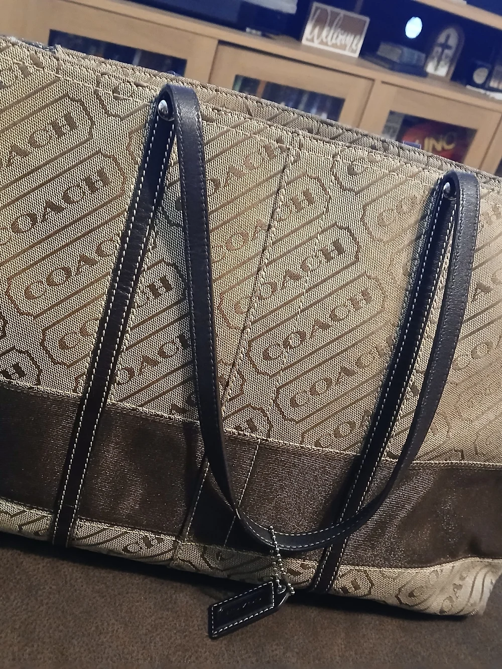 COACH Tan Logo Canvas Tote with Dark Brown Trim